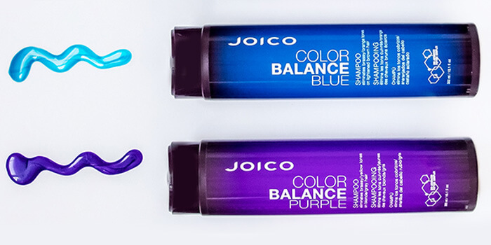 color-balance-styled-hair-care Color Balance Purple and Blue Shampoo Bottles
