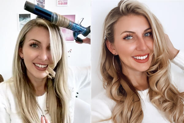 Hairstylist Olivia Smalley curling her hair
