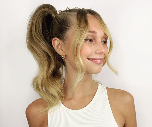 Blonde with styled hi ponytail