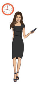 Tardy to the Party Marti Brunette Cartoon woman holding cell phone