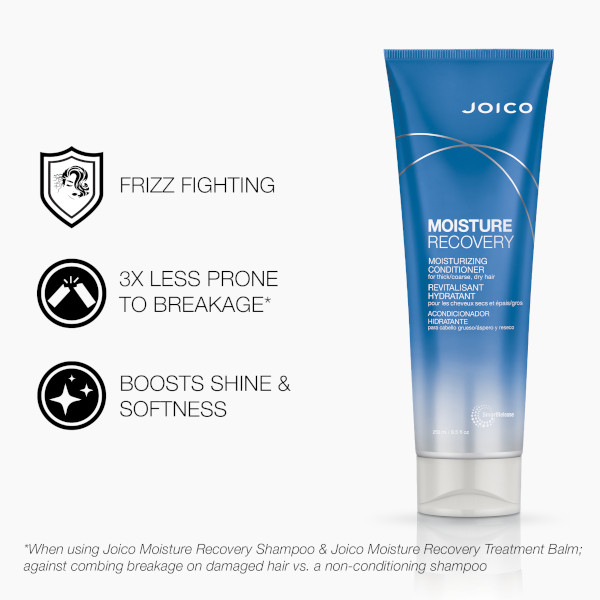 moistyure recovery conditioner with benefits, frizz fighting, three times less prone to breakage, boosts shine and softness
