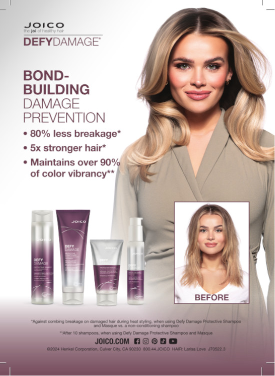 defy damage shampoo, conditioner, masque, and spray with model (before and after treatment)
