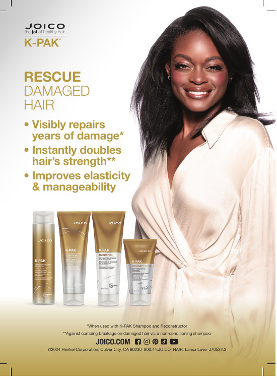 kpak shampoo, conditioner, masque, and balm with model