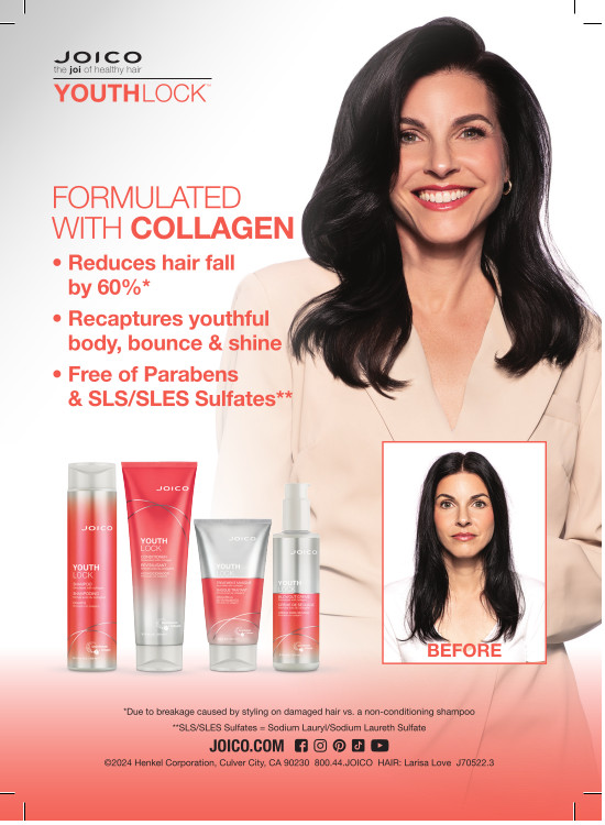 youthlock shampoo, conditioner, masque, and creme with claims and model