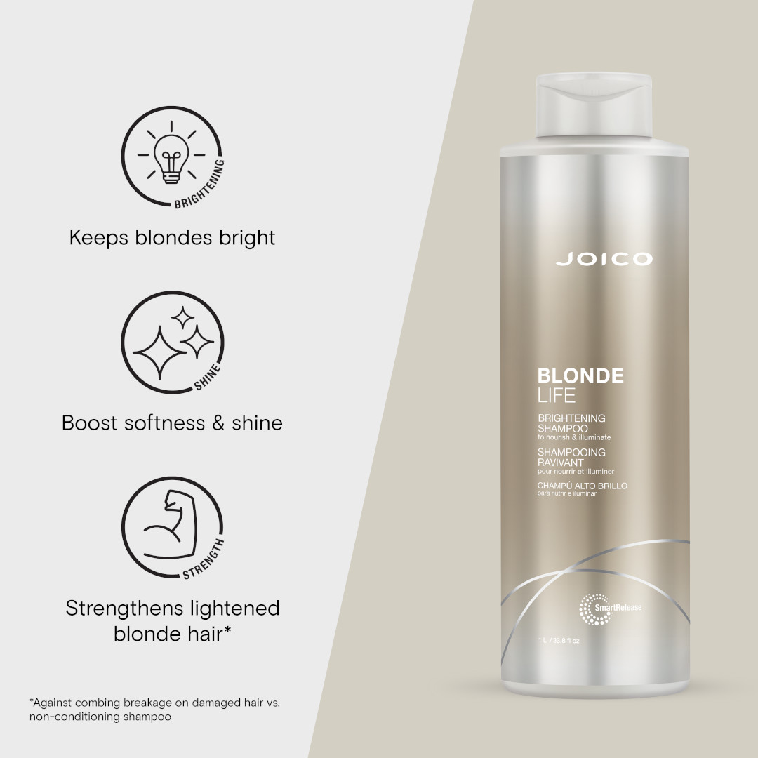 blonde life brightening shampoo liter bottle with benefits, keeps blondes bright, boosts softness and shine, strengthens lightened blonde hair