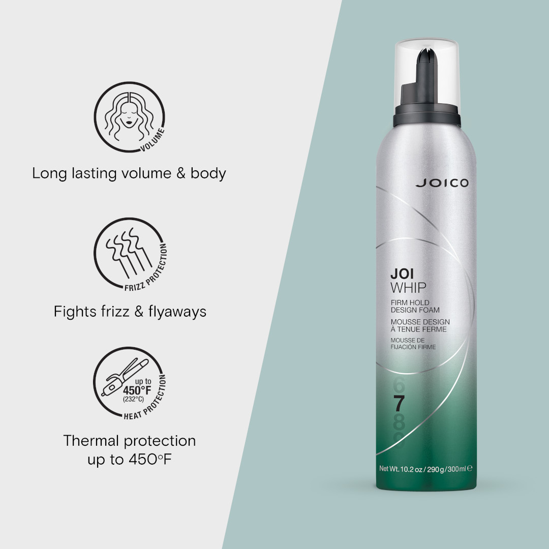 joi whip can with benefits, long lasting volume and body, fights frizz, thermal protection