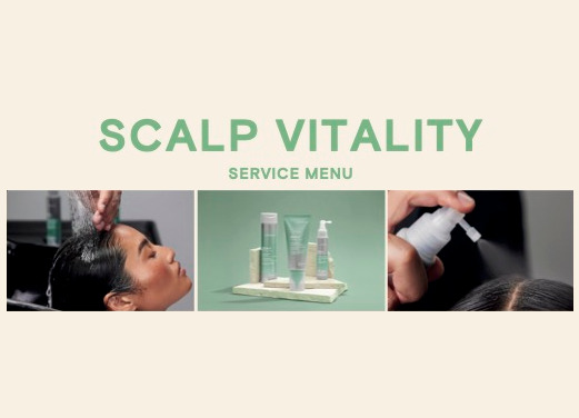 scalp vitality service menu with model and products