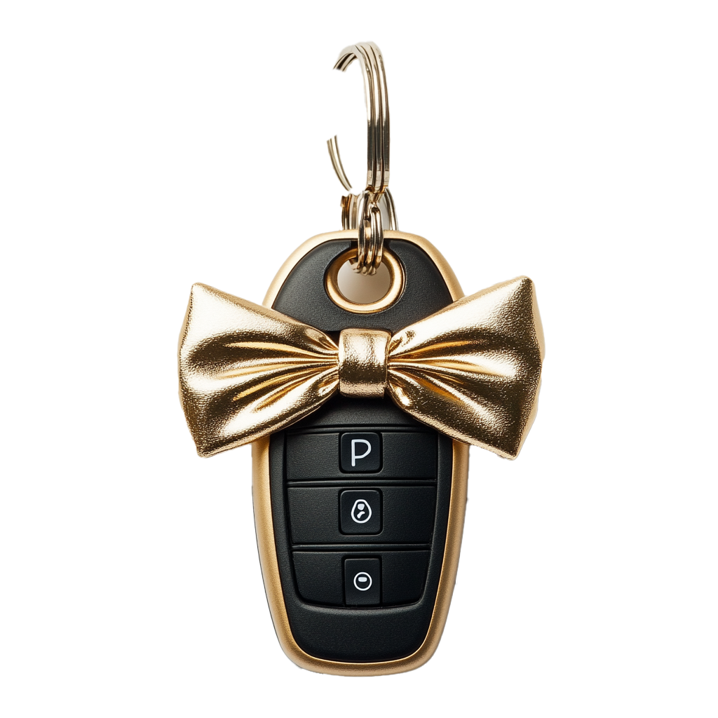 car key fob with gold bow
