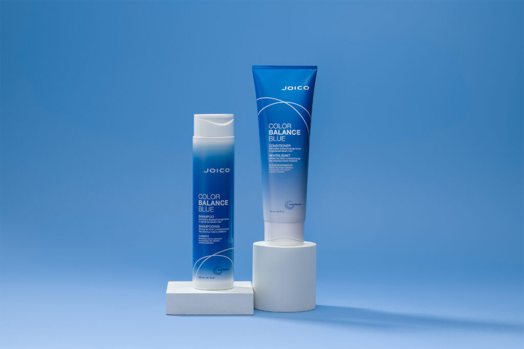 Joico Color Balance Blue Shampoo and Conditioner bottles