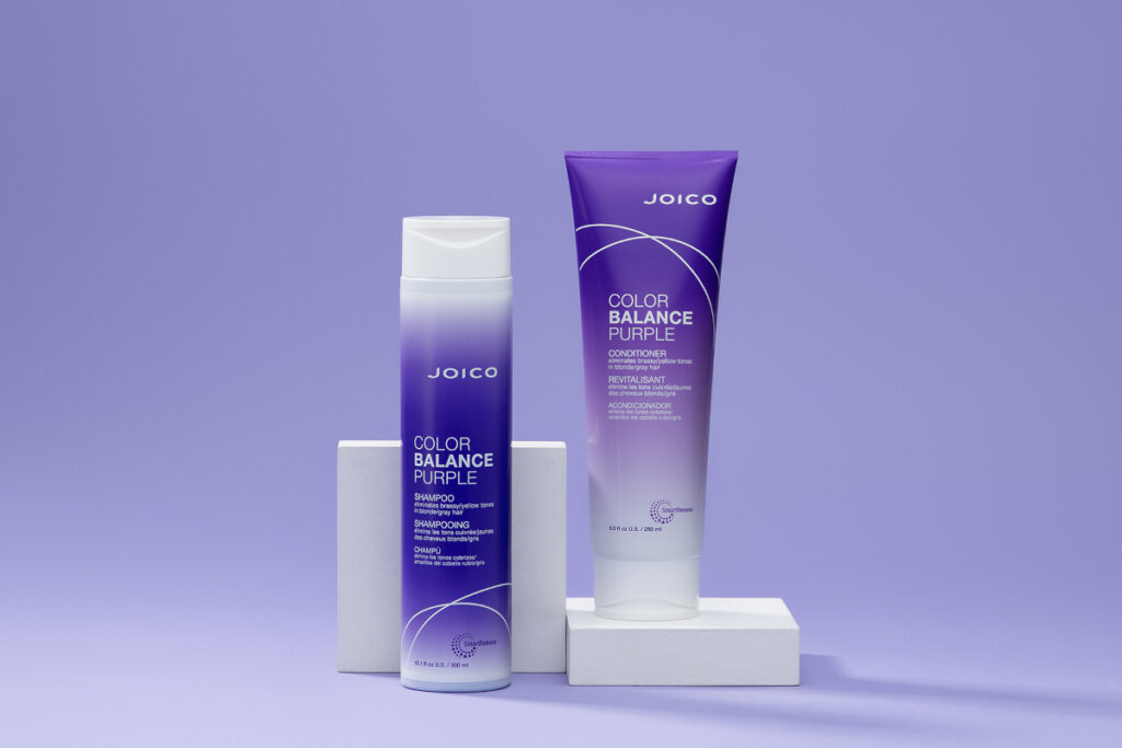 Joico Color Balance Purple Shampoo and Conditioner bottles