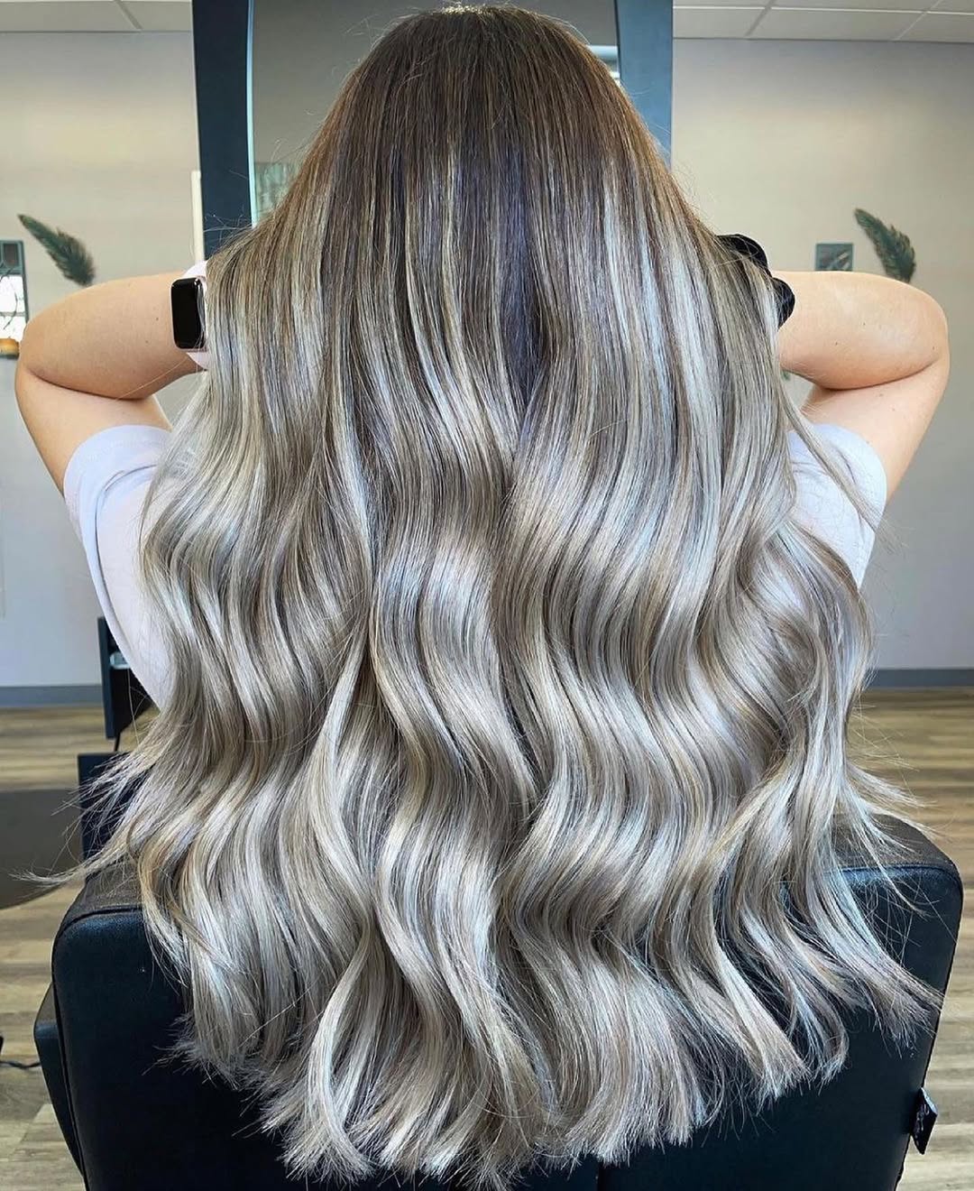 ash blonde balayage model after treatment