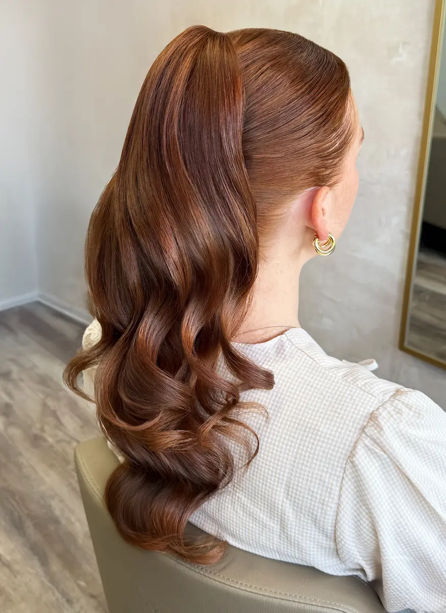 Red hair woman with luscious locks close up from behind