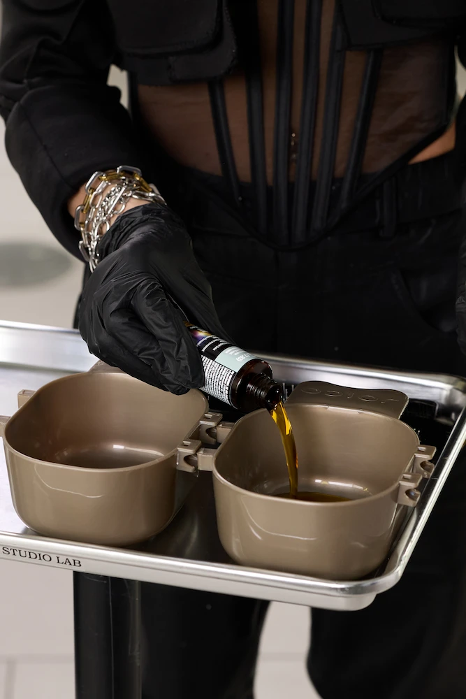 Hair dye color in bowls on steel tray