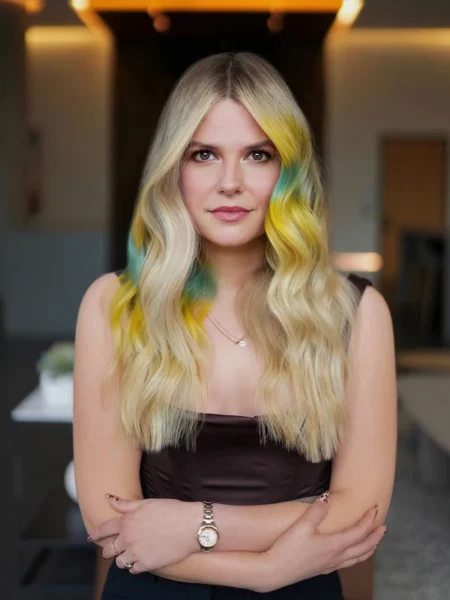 Woman with blond hair and green and yellow highlights